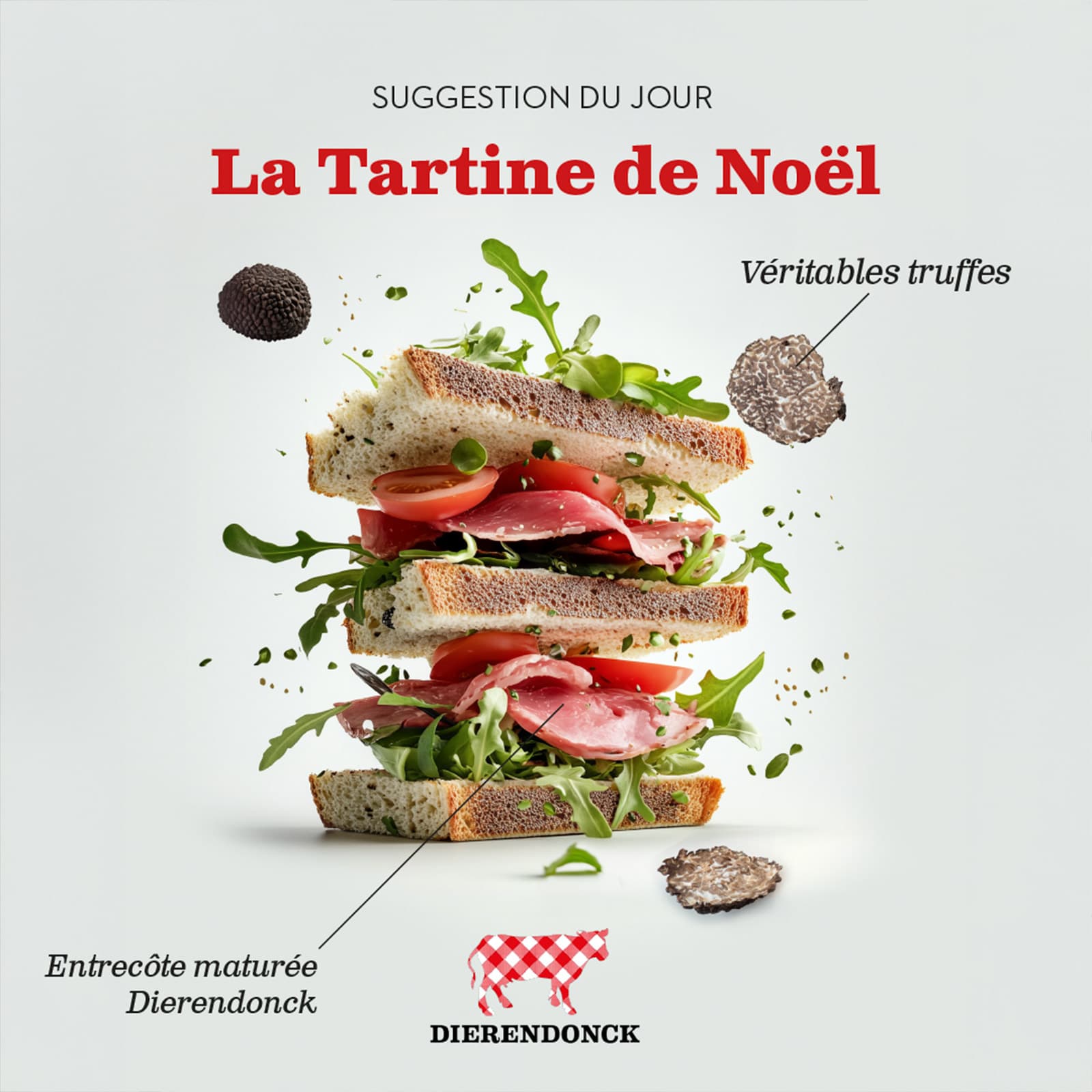 Visuel campagne Tartineke présentant La Tartine de Noël, avec ingrédients premium mis en scène de façon gourmande.