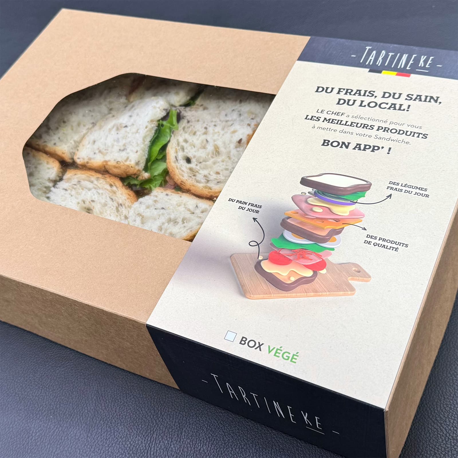 Boîte sandwich Tartineke avec packaging illustré, mettant en avant fraîcheur, produits locaux et qualité des ingrédients.