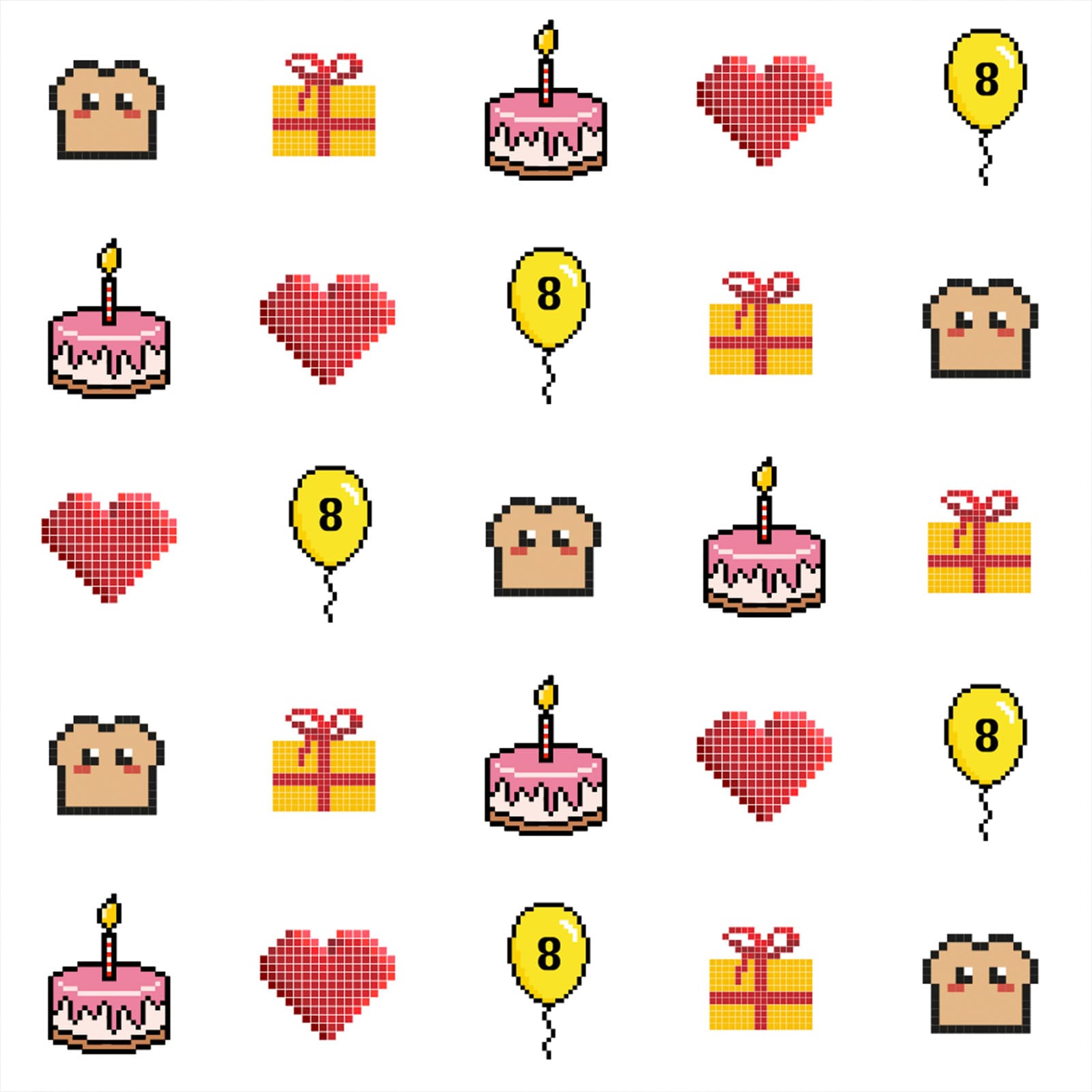 Motif illustré en pixel art Tartineke avec icônes pain, cœur, gâteau et cadeaux, évoquant un univers ludique et festif.