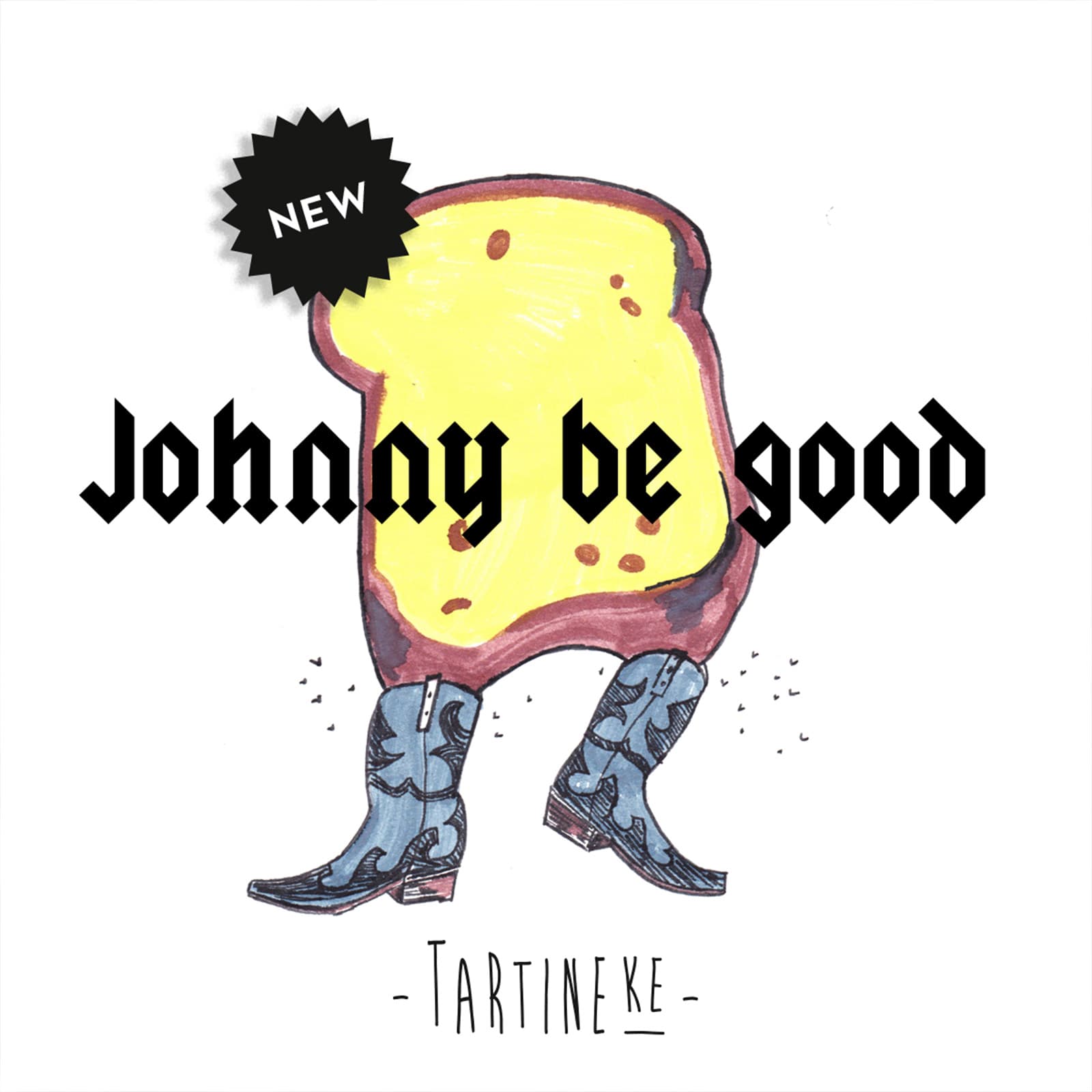 Illustration décalée Tartineke représentant une tartine en bottes, clin d’œil artistique et humoristique à l’univers de la marque.