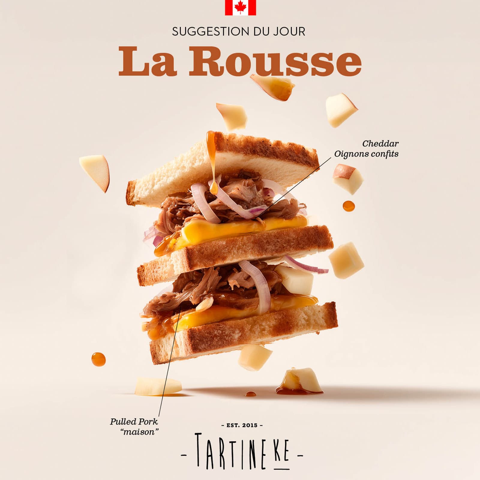 Illustration gourmande du sandwich La Grassouillette Tartineke, combinant fromage, bacon et identité visuelle ludique.