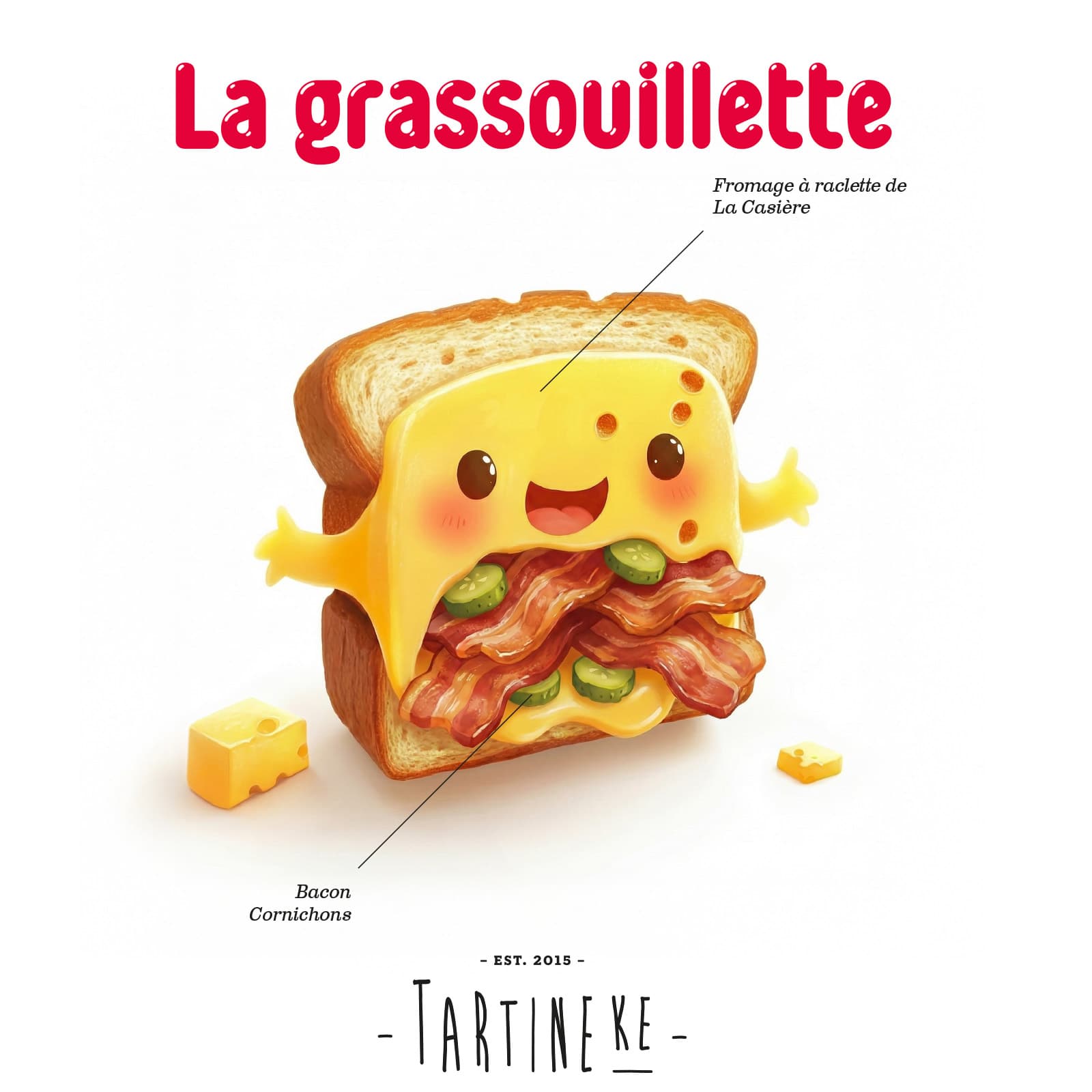 Visuel campagne Tartineke présentant le sandwich La Rousse, avec ingrédients détaillés et mise en scène gourmande.
