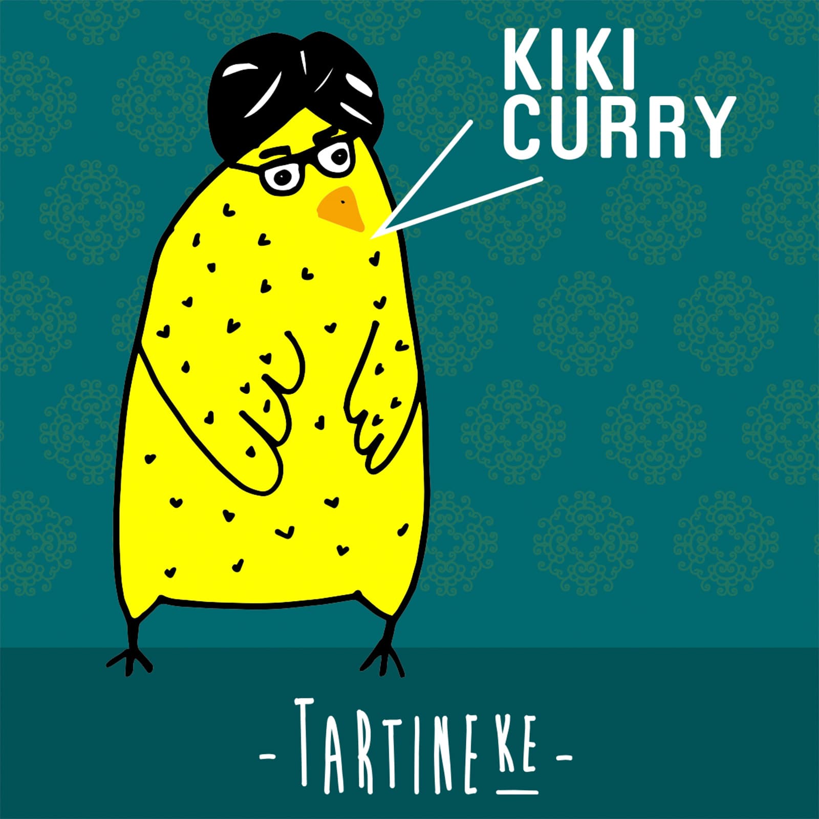 Illustration d’un personnage poulet Tartineke pour la recette Kiki Curry, exprimant humour, personnalité et identité décalée.