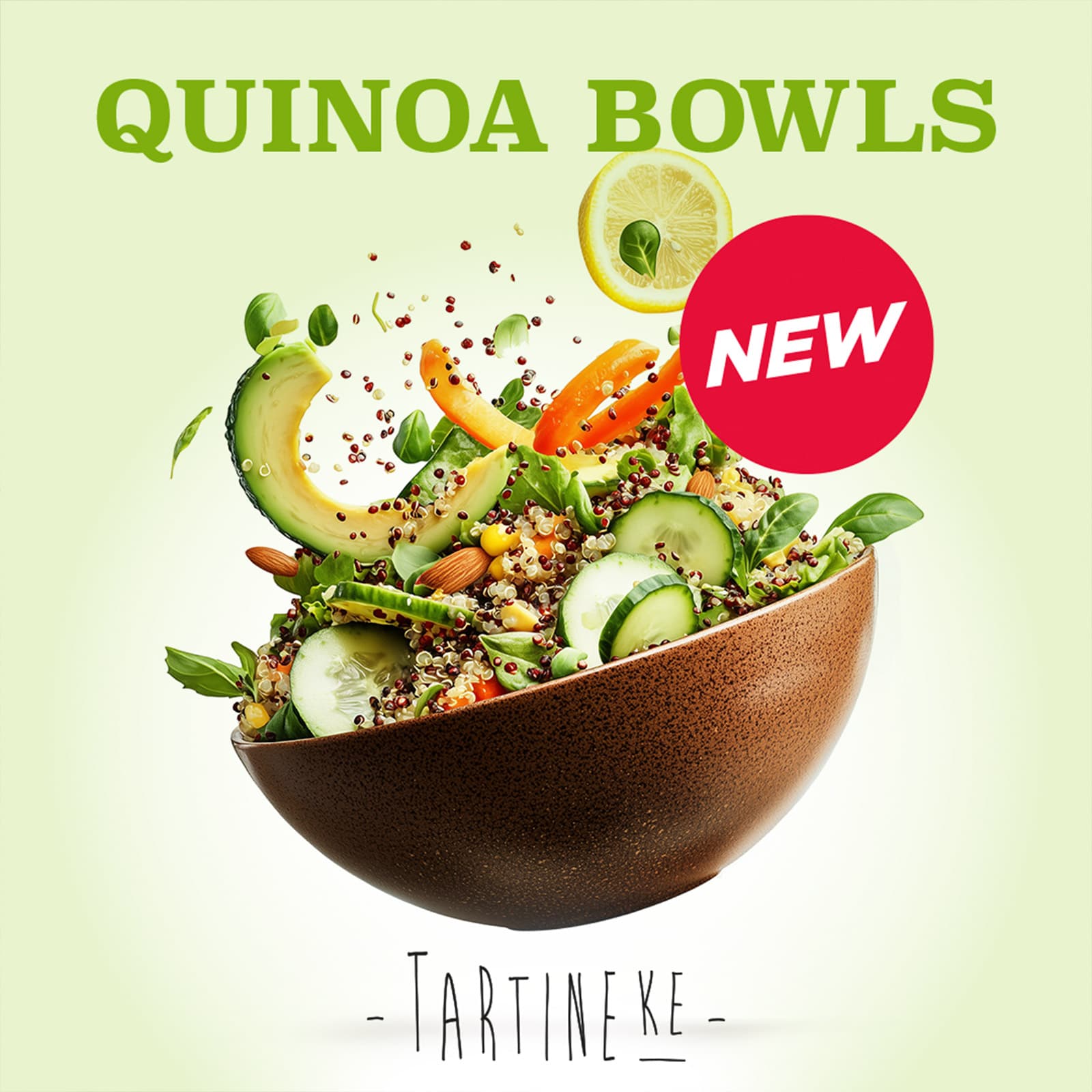 Visuel promotionnel Tartineke présentant un bowl de quinoa frais et coloré, mettant en avant une offre saine et gourmande.