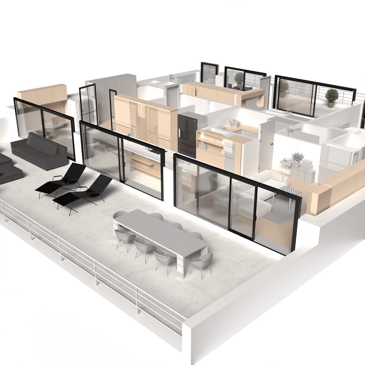 Rendu 3D architecture du salon du Penthouse de Knokke avec vue mer, réalisé pour un support de valorisation immobilière