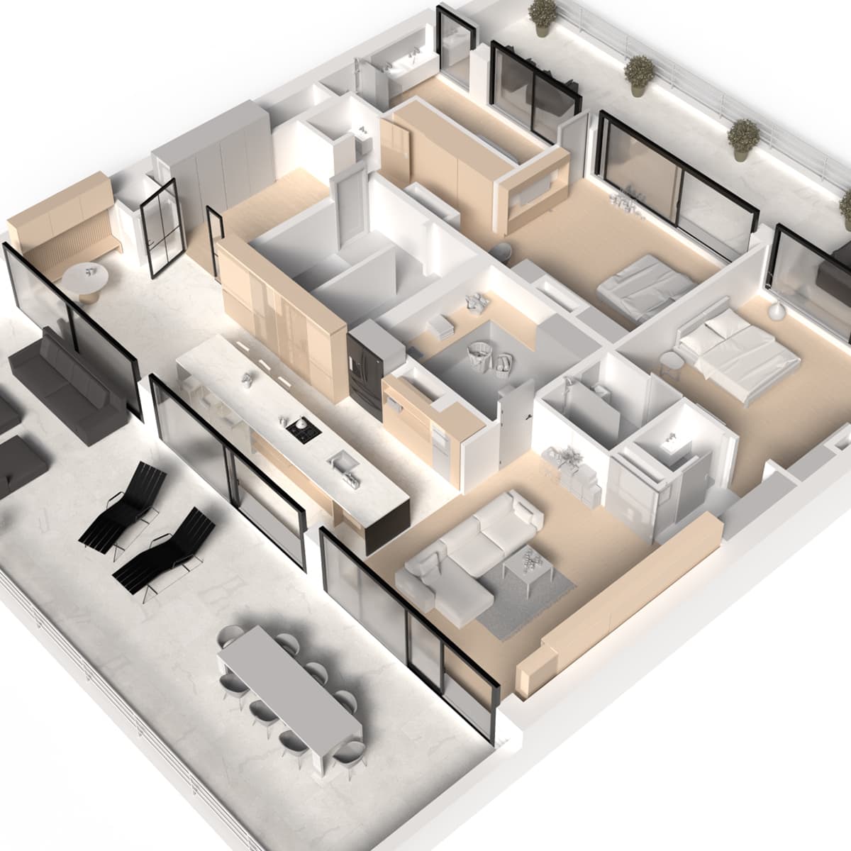 Rendu 3D du salon du Penthouse de Knokke avec vue mer, réalisé pour un support de valorisation immobilière